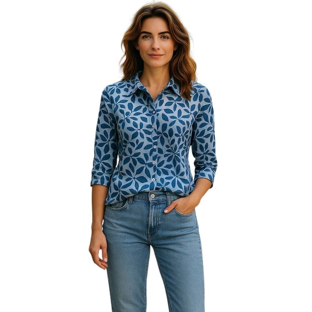 Kiko Blue Leaf-Print Button-Up Blouse